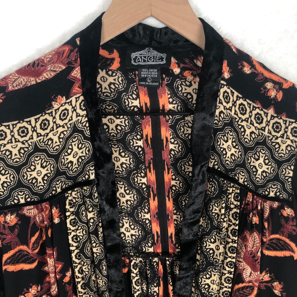 ANGIE Boho Floral Velvet Trim Bell Sleeve Kimono Cardigan Sz L Black Orange - Picture 4 of 8
